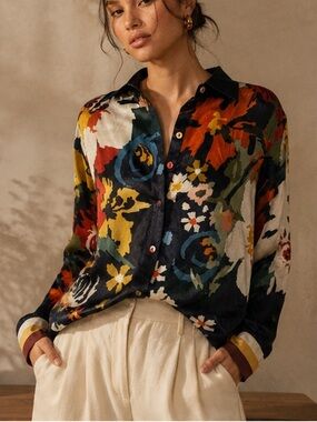 Conditions Apply Anthropologie Floral Satin Button Up Blouse